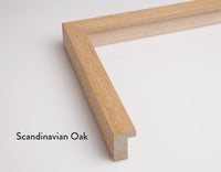 A modern picture frame in a Scandinavian oak colour for Butler Gallery’s fine art prints. A close up of one corner, cut off from the rest of the frame showing the depth and width of the frame.